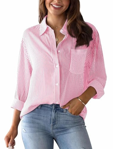 AIEOE Blusas de Mujer Elegantes Camisa Rayas Mujer con Cuello V Camisas Informal Manga Larga y Botones Blusa para Oficina S Rosa
