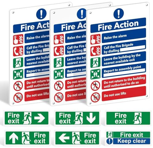 Fire Safety Signs Pack of 9 - Fire Action Notice Sign - 1mm Rigid Plastic - 300 x 200mm, Exit Sticker, Keep Clear - Self-Adhesive Vinyl Emergency Exit Signage, Matte Finish