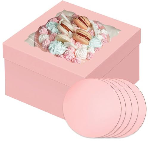 Gcardist 12x12x8 Inch Cake Box, 5 Sets Pink Cake Box with Window ＆ 5 Sets 12 Inch Pink Cake Round Boards, Cake Containers(30.5x30.5x20.3cm)