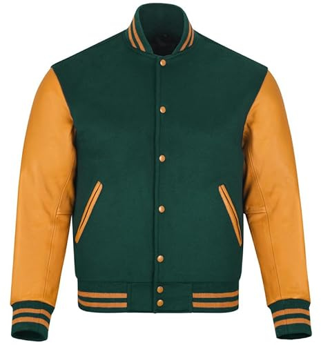 warrior gears Chaquetas universitarias para Hombre con Cuerpo de Lana y Mangas de Cuero, Chaqueta Bomber clásica Retro de Moto Letterman para Hombre, Verde y amarillo dorado - L