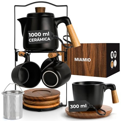 MIAMIO – Juego de tetera de cerámica de 1000 ml con infusor y tazas/colador de té, 4 tazas de té de cerámica (300 ml), platitos de bambú/asa para el hogar y el despacho (Negro)