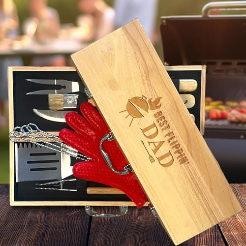 Engrave My Memories 11-teiliges BBQ Grillset mit gravierter Ahornholzbox, Edelstahl-Werkzeuge mit Holzgriffen, ideales Geschenk für Papa zum Geburtstag, Vatertag - Best Flipping Dad
