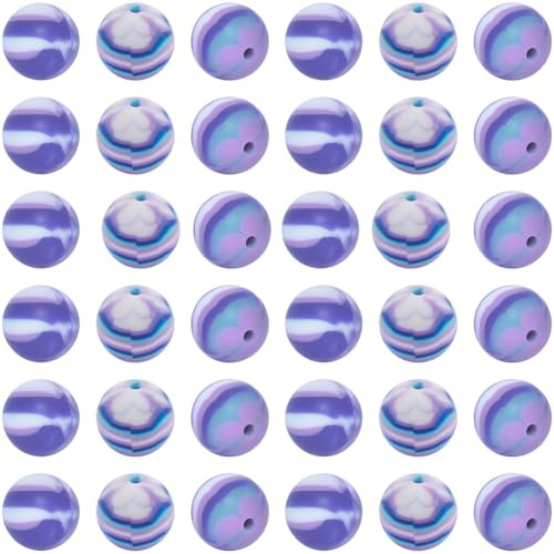 SUNNYCLUE 1 boîte de 50 Perles en Silicone Imprimées de 15mm Perles Rondes Imprimées en Vrac Caoutchouc Souple Motif de Fleur Bleue Perles D'Espacement Amples pour la Fabrication de Bijoux Colliers B