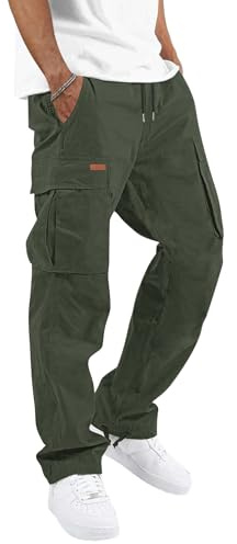 TARAINYA Pantalon Cargo Homme en Coton Souple avec Cordon de Taille et Poches Utilitaires S-3XL B Vert Armée S