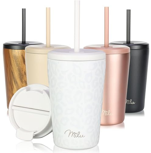 Milu Thermobecher 400ml - 100% Auslaufsicher - Edelstahl Kaffeebecher to go isoliert mit Strohhalm hält 10h heiß / 20h kalt, BPA-frei (White Leopard, 400ml)