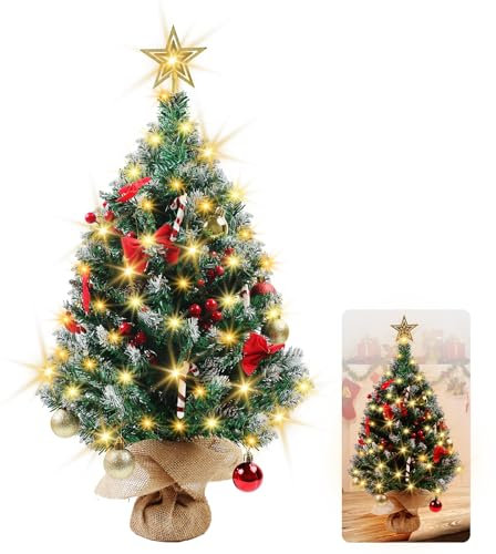 MaxEarn Mini Weihnachtsbaum 60cm mit 60 LED Beleuchtung, Kleine Künstlicher Weihnachtsbaum mit 100 Zweigen, Beeren und Tannenzapfen, PE Naturgetreu Tannenbaum für Innen und AußEn Weihnachten Deko
