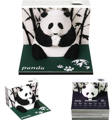 JXAXD Panda Calendrier 2025 avec porte-stylo, calendrier 3D, à déchirer, bloc-notes 3D, panda, 2025, bureau 3D, papier mémo papier, sculpture, cadeau de bureau, décoration pour Halloween, Noël