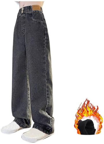XINYUNZU Jeans Mädchen Fleece Gefüttert Jeanshosen Warm Elastische Taille Wide Leg Jeans Winterhose Kinder Breite Hose Jeans Teenager Mädchen Freizeit Hosen Winter 8-14 Jahre Alt
