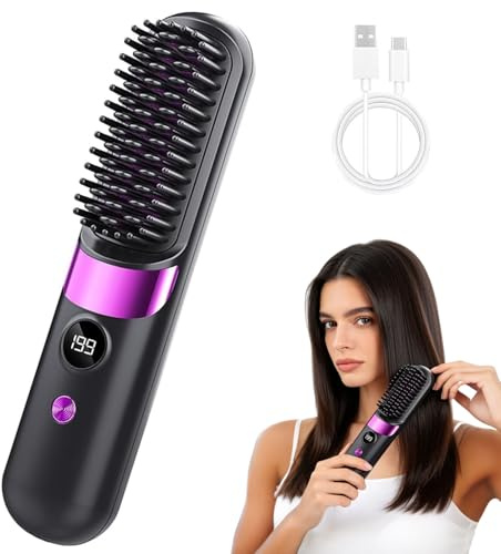 Go Brush Pro, Cordless Hair Straighteners Brush, Portable Travel Hair Straightener with 4 Adjustable Heat & LED Display, USB Rechargeable Ceramic Hot Brush for Short Long Hairs