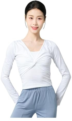 JMORCO Scaldacuore Danza Top da Balletto Donna Giacca Classica Avvolgente Coat Camicia a Maniche Lunghe in Cotone (Bianco, L Altezza 165-170cm)