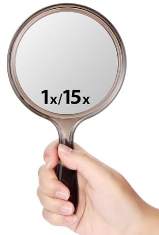 Macaki Doppelseitiger Handspiegel mit 1- und 15-facher Vergrößerung, perfekt für Reisen und Make-up, 21,1 cm L x 11,4 cm B (transparentes Schwarz, 1 Stück)