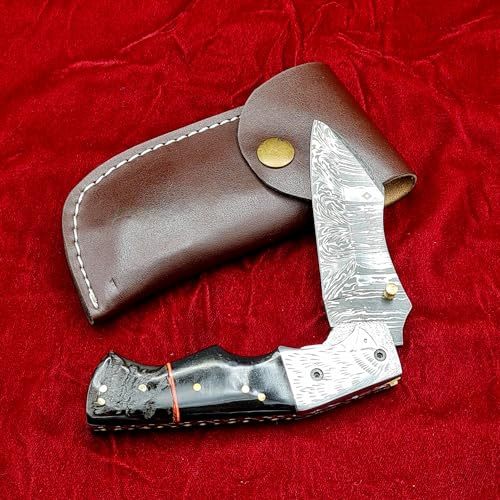 CRAFTOMATIK Adler Damast Stahl Taschenmesser | Klappmesser | Gravierte Edelstahl, Büffelhorn, Widderhorn, Messing Stiften Griff | Handgefertigt Outdoor Damastmesser Camping Messer | FK57