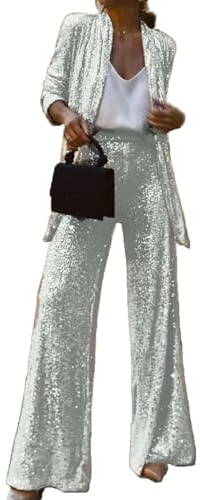 Blazer con paillettes da donna completo da 2 pezzi giacca con risvolto scintillante pantaloni lunghi e larghi