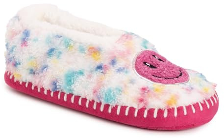 Muk Luks Women's Sherpa Ballerina Slipper with Applique, Cream/Pink/Blue, L/XL (8-10)