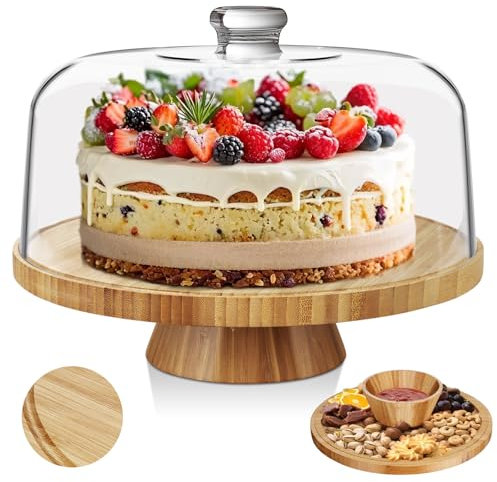 Myiosus Bandeja para tartas, bandeja para tartas con tapa, multifunción, de madera, soporte para tartas de 33 cm, antideslizante, con pie, soporte para tartas para fiestas, té de la tarde, tablas de