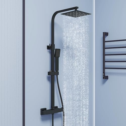 Biubiubath Juego de mezclador termostático para ducha, cabezal de ducha doble y manguera, mezclador de barra montado en la pared, acabado cromado, kit de riel elevador de ducha ajustable (negro mate)