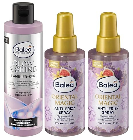Balea 3er-Set- Haarpflege: PROFESSIONAL Haarkur GLOW & SHINE glättet, pflegt & versiegelt das Haar mit einer langanhaltenden Glanzschicht, 200 ml + Anti-Frizz-Spray ORIENTAL MAGIC, 2 x 150 ml (500 ml)