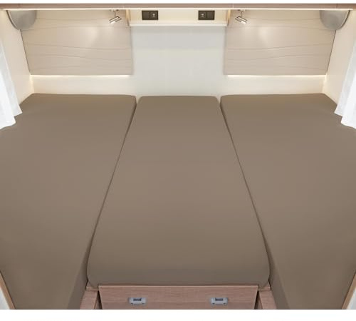 G BETTWARENSHOP – Spannbettlaken für Wohnmobile & Wohnwagen – Spannbetttuch Set 3-teilig – Jersey Bettlaken für Heckbetten 2 Längsbetten + Mittelteil, Taupe