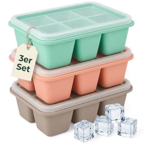 MIJOMA Isbitsformar, set om 3 med lock – BPA-fri, flexibel och stapelbar – isbitsberedare av TPE i pastellfärger – 11,5 x 7,5 x 3 cm – läckagesäker och återanvändbar