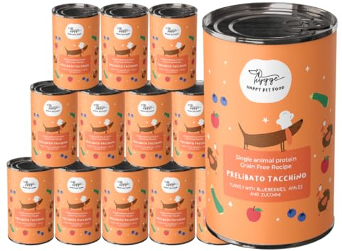 Nassfutter für Hunde, Monoprotein, mit Truthahn, mit Zucchini, Äpfeln und Blaubeeren, für erwachsene Hunde im Angebot, getreidefrei, ideal für empfindliche Hunde, hergestellt in Italien, 12 x 400 g