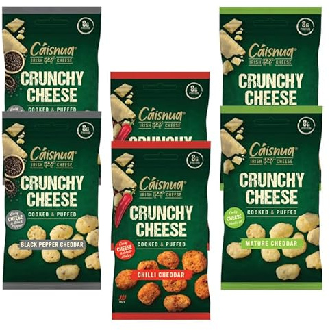 Cáisnua Crunchy Keto Snacks Multipack Pack of 6 x 20g - 8g Protein, Low Carb, Mature Cheddar, Black Pepper, Chilli Cheese Crisps Multipack, Cheese Snacks Vegetarian, Gluten Free