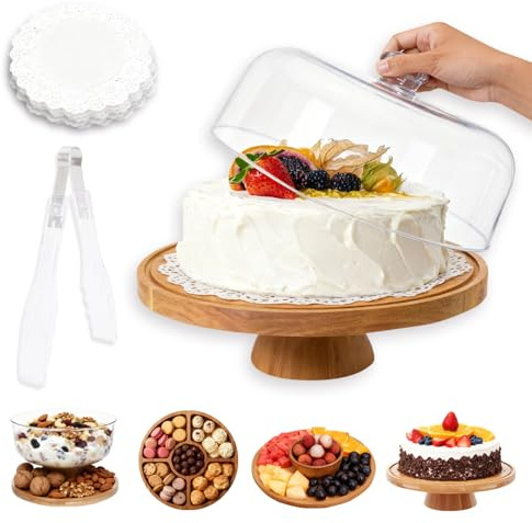 Mulaibdin Plato para tartas con tapa, soporte para tartas con pie, placa redonda 4 en 1, campana de madera de 29 cm, plato para tartas, incluye papel de horno y pinzas de cocina, soporte para tartas