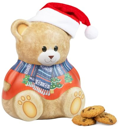 Christmas Bear with Hat Gift Set - Christmas Biscuits Tin, Novelty Biscuit Tins with 100g Mini Chocolate Chip Cookies - Luxury Biscuits Gifts for Women and Men