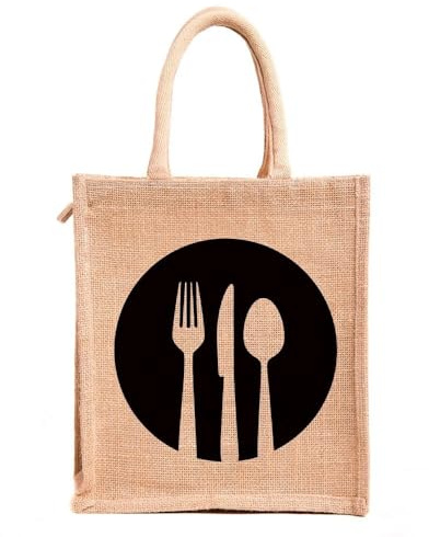 Jute Work Tote Tiffin Bags with Zip for Lunch (Medium Size, Print: Dine 3, Beige, Size: 10X6X11 Inch).