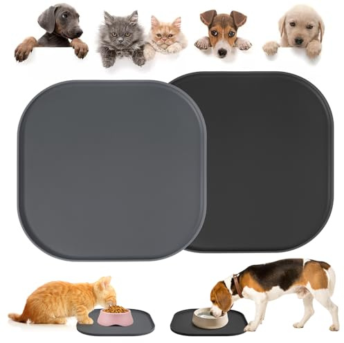 2er Silikon Napfunterlage Hund Katzen Set Futtermatte Futterunterlage | 26x26cm Wasserfeste, erhöhter Rand, Quadratisches, Weich, Leise, Geruchlos, Rutschfeste, Silikonmatte für Futter & Wasser
