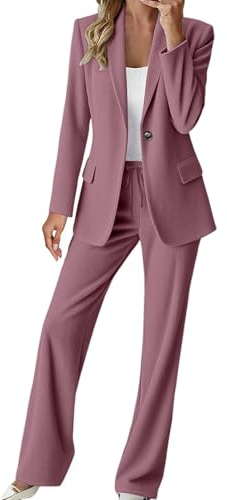 Damkläder, 2-delad klädsel, kvinnors affärskostym set – elegant kontorsarbete manchesterset bekväm smal passform blazers rockar och hög midja breda ben byxor enfärgad formell outfit höst, Rosa, 3XL