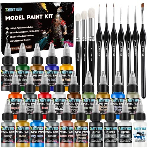 X ARTY HUB Kit de Pintura Modelismo - 20 Pintura Acrilica, 3 Imprimaciones, un Diluyente y 10 Pinceles, Pintura Miniaturas para Aerógrafo y Pincel, Ideal para Modelismo, Miniaturas & Wargaming