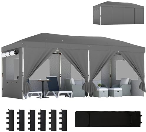 Outsunny Tonnelle de Jardin 3 x 6 m Pop up Tente Pliante réglable en Hauteur Protection UV50+ tonnelle Pliante avec 6 parois latérales 6 Sacs de Sable Sac de Transport à roulettes Montage Facile Gris