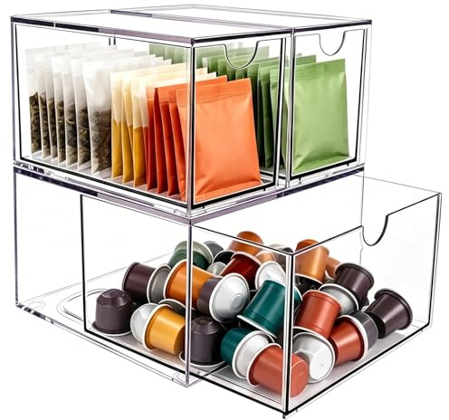 3 Pack Stackable Clear Acrylic Storage Drawers Plastic Organizer Containers | Plastic Organizer Container for Coffee Pods Tea Bags Makeup Cosmetics Bathroom Vanity Kitchen Pantry Countertop Storage