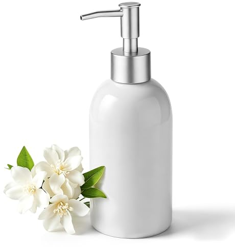 Hejo 350ml Seifenspender Keramik mit Silberpumpe, Nachfüllbarer Seifenspender Bad, Praktischer Spülmittelspender Küche - für Handseife, Lotion, Waschküche, Badezimmer & Küche (Weiß)
