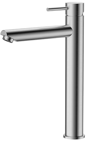 HOMSSY Grifo Lavabo Alto Monomando Inox Cepillado – Acero Inoxidable AISI 304, Caño Alto para Lavabo Sobre Encimera, Cartucho Cerámico, Diseño Moderno para Baño