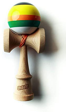 Sweets Kendamas 5-Stripe Boost Kendama - Improves Hand Eye Coordination, Reflexes, All Levels, Stripe Design, Extra String Accessory Bundle (Poncho)