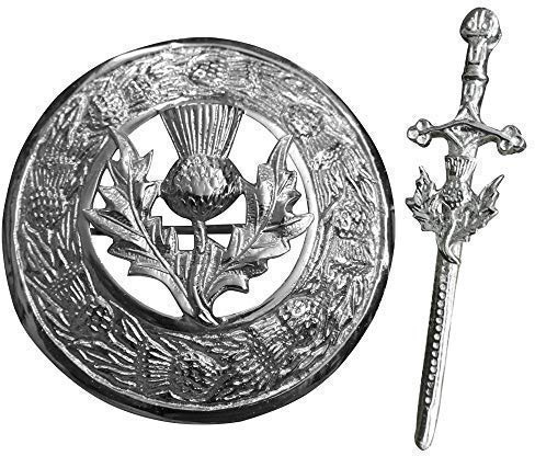 Tartan City Broche de escocesa a cuadros con diseño de mosca de las Tierras Altas y pin de falda escocesa, juego de 2 piezas, plata, Brooch size approximately 3 (7.52cm) diameter.