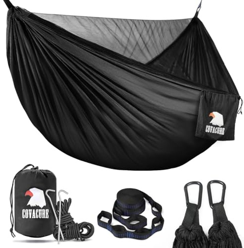 COVACURE Hängematte Outdoor mit Moskitonetz 290x140cm max. 350kg | 210T Fallschirmnylon, ultraleicht & atmungsaktiv, für 2 Personen, inkl. Baumgurte & Karabiner, Camping/Wandern/Garten