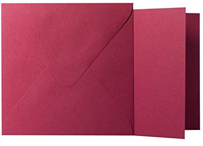 75 Quadratische Bordeaux Briefumschläge 120g von der Größe 17 X 17 cm + Klappkarten 240g von der Größe 16,0 X 16,0 cm, mit dreieckiger Lasche zum Kleben ohne Fenster