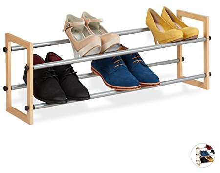 Relaxdays Schuhregal ausziehbar, offener Schuhständer mit 2 Ebenen, natur | Holz & Eisen, erweiterbar bis 118 cm Breite