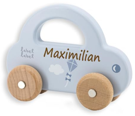 Elefantasie Spielzeug Auto aus Holz hellblau personalisierbar mit Name Holzauto Baby Geschenk mit Gravur