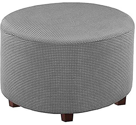 BXFUL Runde Stretchhussen für Ottomane, Jacquard, weicher Fußhocker, waschbar, elastisch, faltbar, für Wohnzimmer, Größe M, Hellgrau