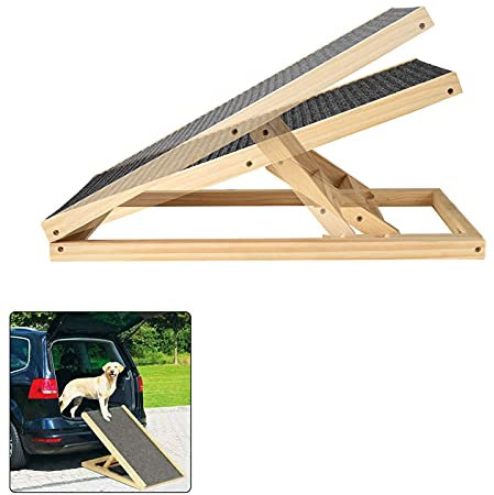 Unabhängige Hunderampe Dog Ramp Indoor & Outdoor, aus Echtholz, mit 2 Höhenverstellbar und Rutschfestem Teppich, Zusammenklappbares Tragbares Design, für Bett, oder Sofa- 70 cm x 35 cm