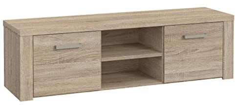 Newroom TV Lowboard Sonoma Eiche TV Schrank modern Wohnzimmer Fernsehtisch | 2 Türen und 2 offene Fächer, Bügelgriff, stehendes TV Board, TV Bank, Holzoptik matt, für Konsole und Receiver