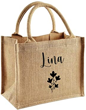 minimutz Jute-Tasche mit Blumen und Namen bedruckt | Kleine Geschenk-Tasche personalisiert zu Muttertag und Geburtstag | Mama Oma Geschenk Freunde M (30 x 30 x 19 cm)