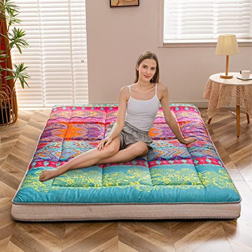 MAXYOYO Bohemian Retro Floor Mattress Vintage Floral Japanese Futon Mattress Roll Up Thicken Sleeping Bed Portable Camping Mattress Floor Lounger Couch Bed Mattress Pad (Thick-Bohemian B, Single)