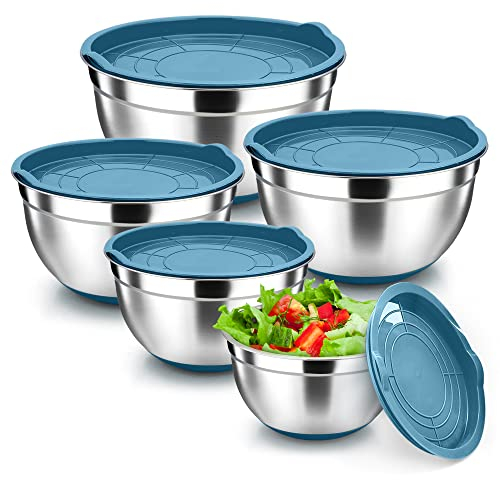 Herogo Mixing Bowl Set of 5, Stainless Steel Salad Bowls with Non-Slip Silicone Base & Airtight Lids, Metal Nesting for Baking Serving, Heavy Duty Dishwasher Safe, 4.5/2.7/1.5/1.2/0.7 QT, Blue