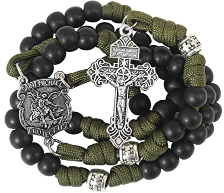 Nazareth Store St. Michael Paracord Rosenkranzperlen Robuste Rosenkranzkette Starke Kordel Katholisches Pardon-Kruzifix (Pistolenschwarz)