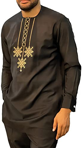 Mode Kostym Afrikanska Kläder för Män Traditionell Etnisk Utstyrsel Tvådelad Kostym Dashiki-skjorta Och Byxor Lång Ärm Träningsoverall M-4XL (Color : Black, Size : XXL)