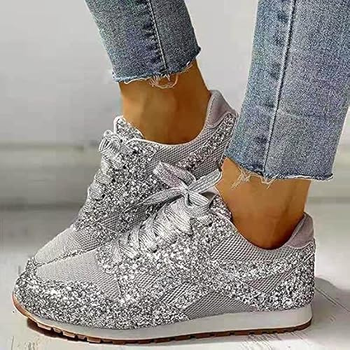 Women's Fashion Sequins Casual Lace Up Sport Shoes Sneakers Glitter Breathable Crystal Bling Ladies Running Shoes